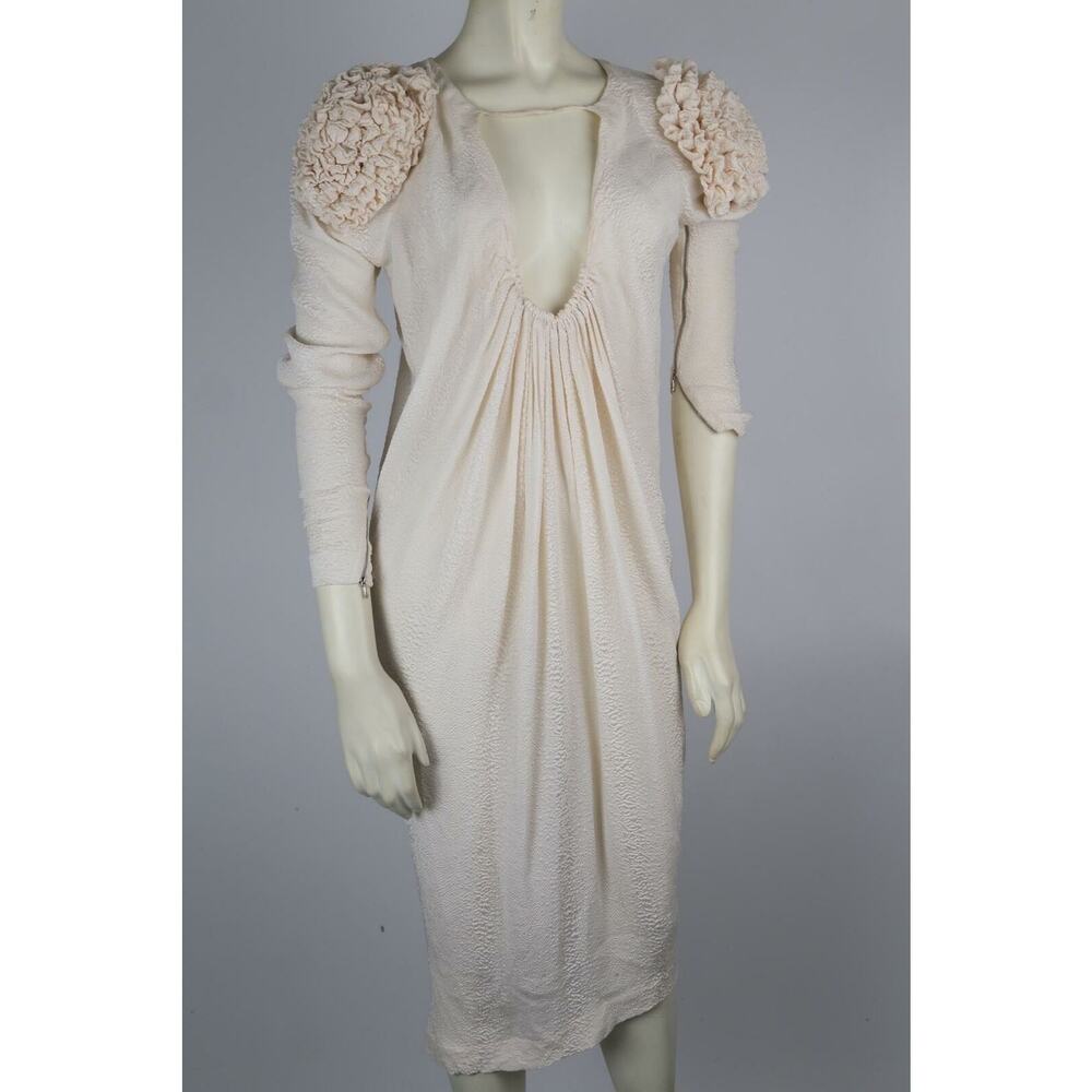 PREEN by Thornton Bregazzi Cream Rusche  Long Sleeve Midi Drape Dress Size S